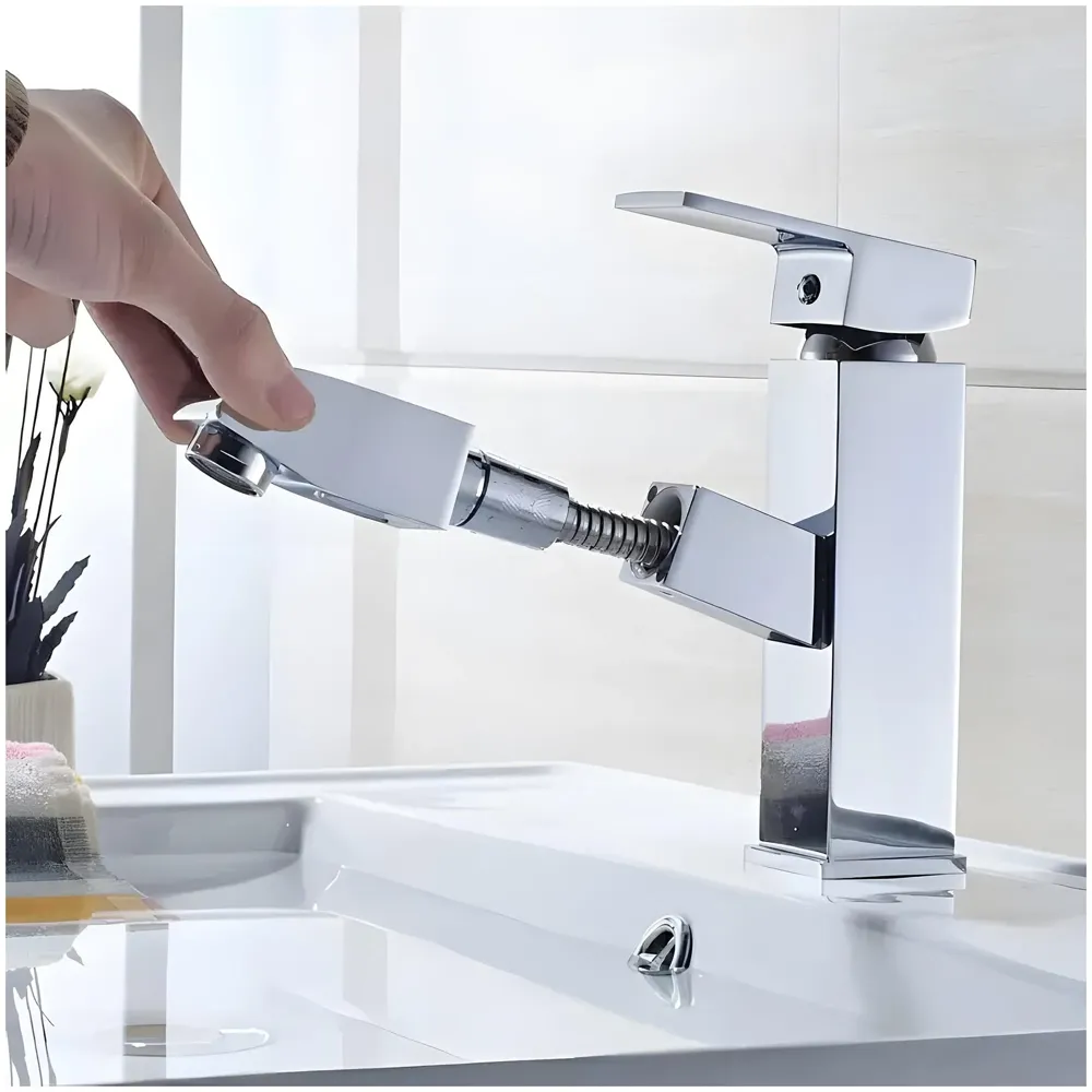 Pull-Out Silver Chrome Faucet Single Lever Basin Mixer Hot and Cold for Bathroom Toilets Wash Basins Small, SS Material, Vessel Mounted - 6 Inches Height