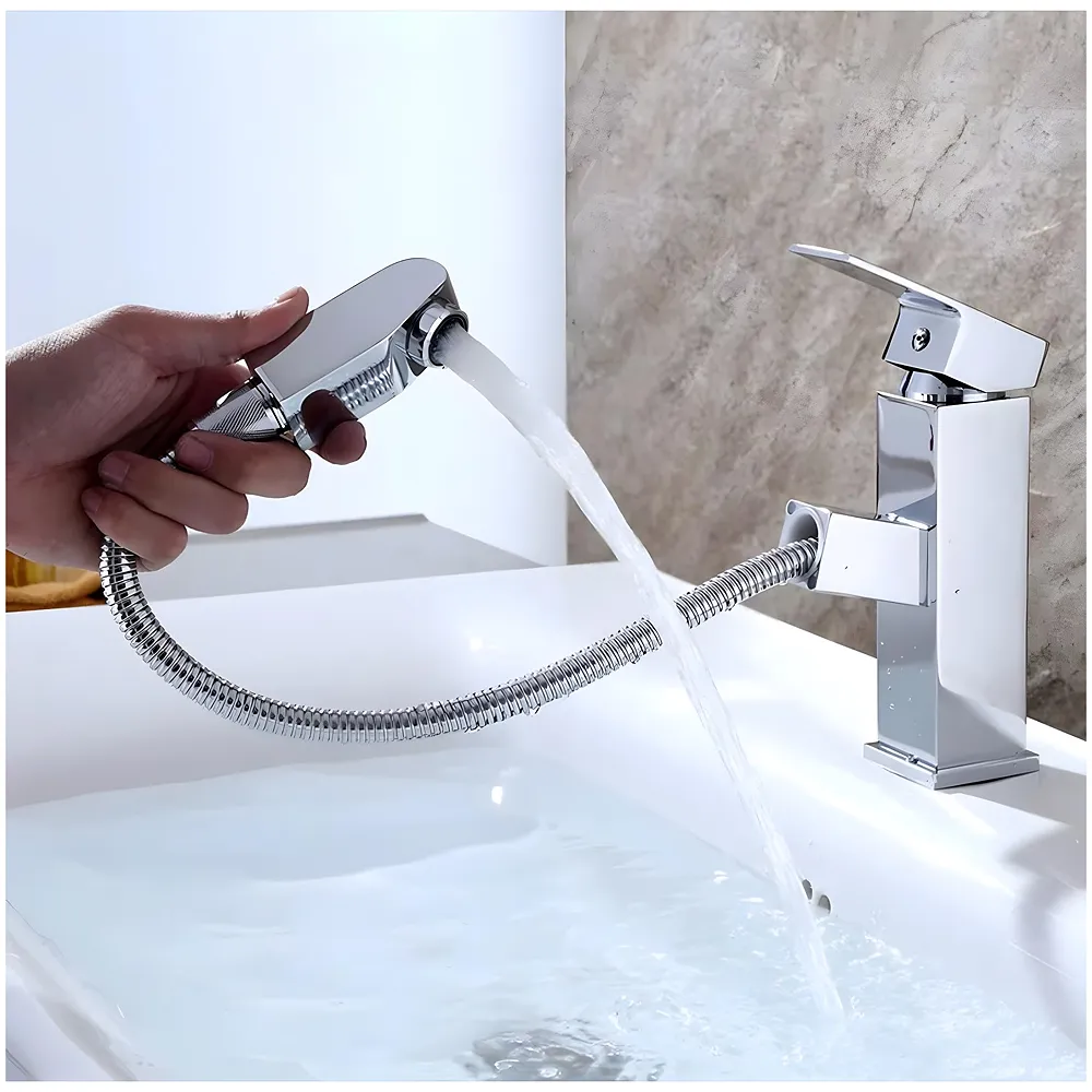 Pull Out Silver Chrome Faucet Basin Mixer SS Vessel Mounted 6in