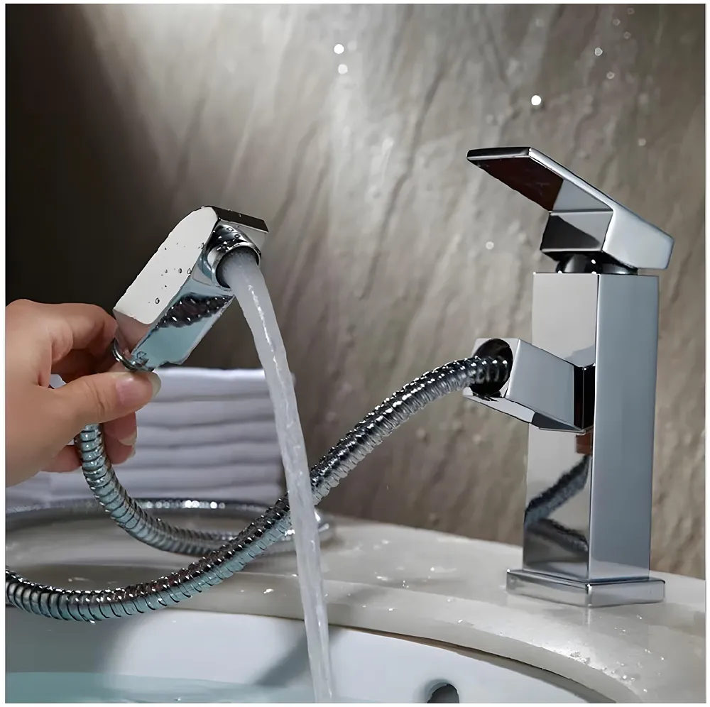 Pull Out Silver Chrome Faucet Basin Mixer SS Vessel Mounted 6in