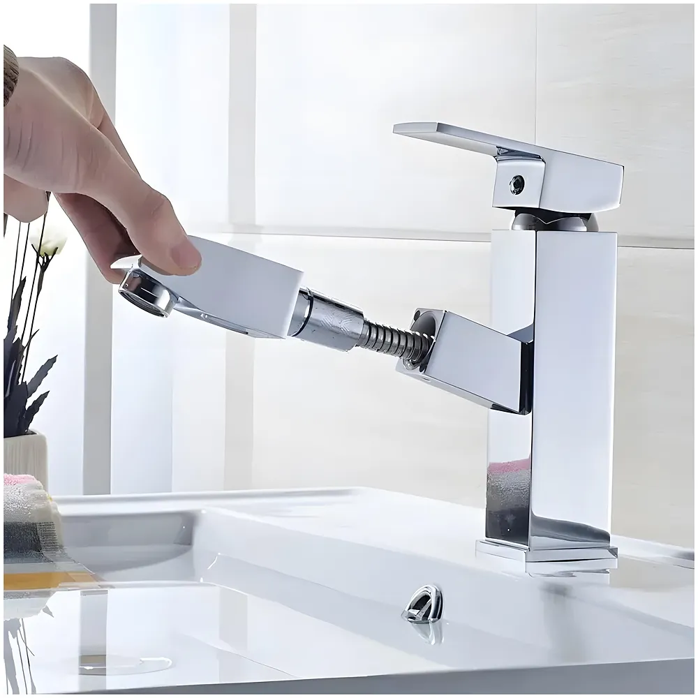 Pull Out Silver Chrome Faucet Basin Mixer SS Vessel Mounted 6in