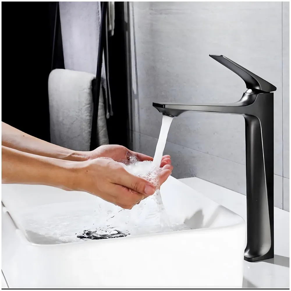 Black Tall Faucet Tap Mixer Hot and Cold Water Heavy Single Lever Basin Mixer with Ceramic Cartridge for Bathroom Wash Basins - 30 Cm x 20 Cm Black