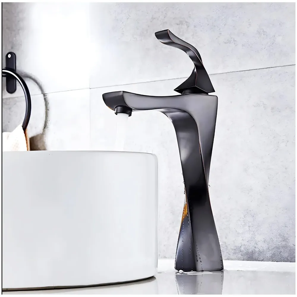 Tall Black Faucet Tap Mixer Hot and Cold Water Twist Heavy Single Lever Basin Mixer with Ceramic Cartridge for Bathroom Wash Basins - 12 inch x 6.7 inch Matt Black