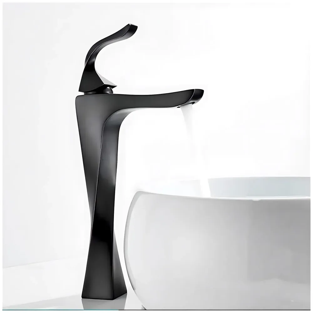 Tall Black Faucet Tap Mixer Hot and Cold Water Twist Heavy Single Lever Basin Mixer with Ceramic Cartridge for Bathroom Wash Basins - 12 inch x 6.7 inch Matt Black