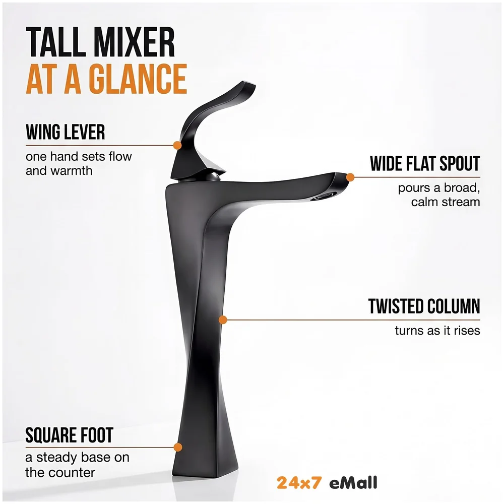 Tall Black Twist Faucet Tap Mixer Hot and Cold 12x6.7 inch Matt