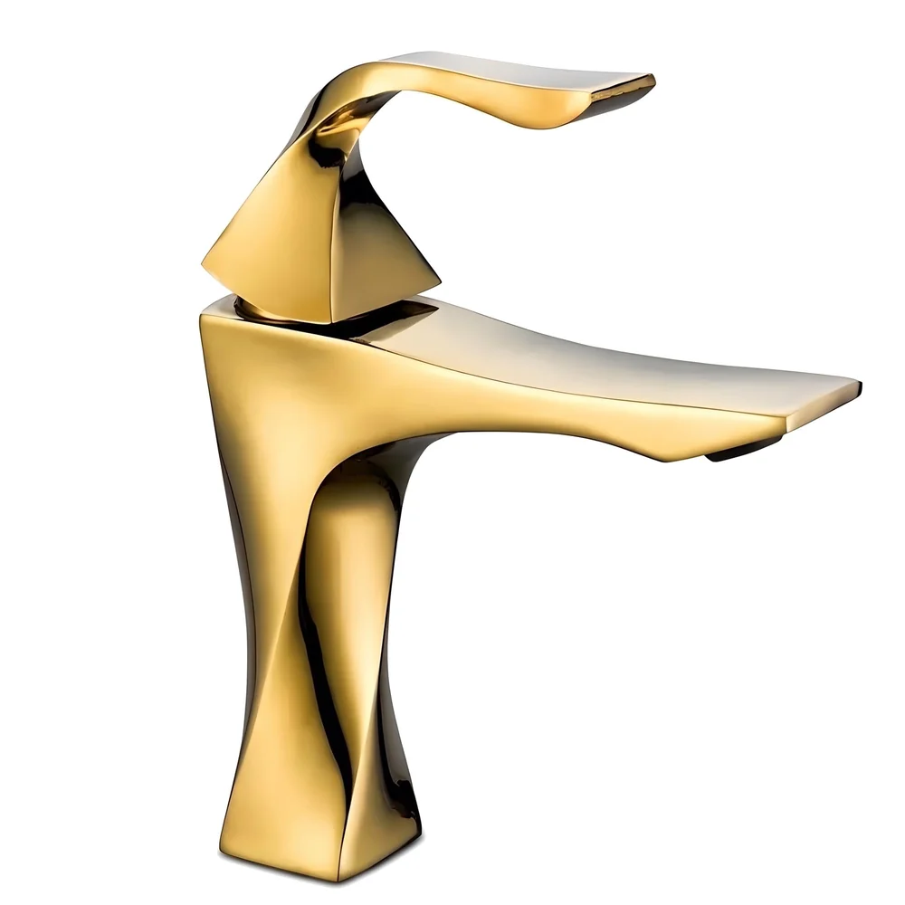 Gold Faucet Tap Mixer Hot and Cold Water Heavy Single Lever Basin Mixer 7 inches with Connector Pipes and Ceramic Cartridge for Bathroom Wash Basins - 22cm x 17cm Golden Twist
