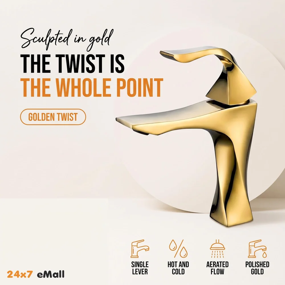 Gold Faucet Tap Mixer Hot and Cold Water Heavy Single Lever Basin Mixer 7 inches with Connector Pipes and Ceramic Cartridge for Bathroom Wash Basins - 22cm x 17cm Golden Twist