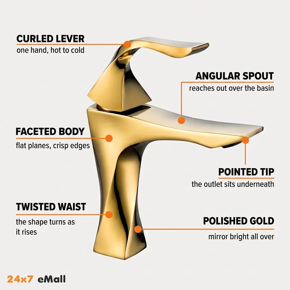 Gold Faucet Tap Mixer Hot and Cold Water Heavy Single Lever Basin Mixer 7 inches with Connector Pipes and Ceramic Cartridge for Bathroom Wash Basins - 22cm x 17cm Golden Twist