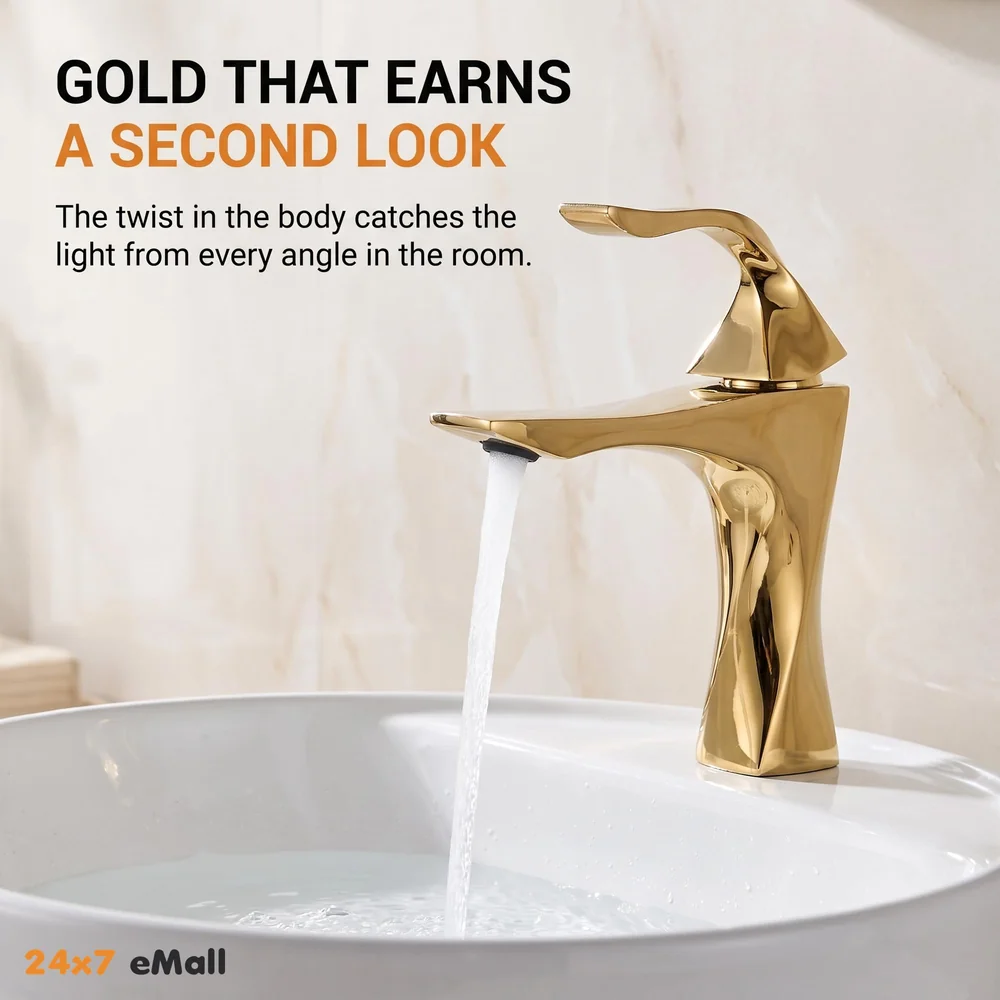 Gold Faucet Tap Mixer Hot and Cold Water Heavy Single Lever Basin Mixer 7 inches with Connector Pipes and Ceramic Cartridge for Bathroom Wash Basins - 22cm x 17cm Golden Twist