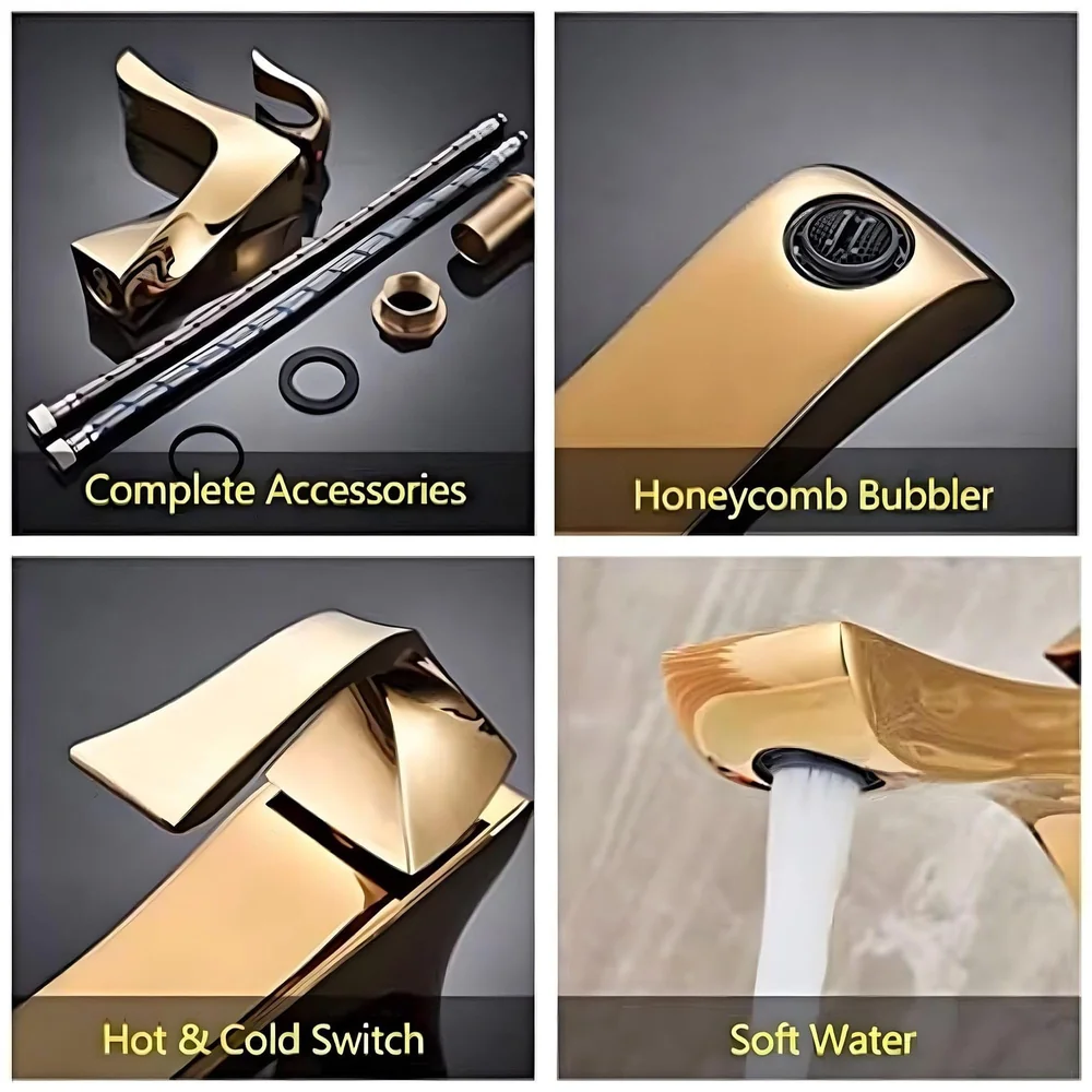 Gold Faucet Tap Mixer Hot and Cold Water Heavy Single Lever Basin Mixer 7 inches with Connector Pipes and Ceramic Cartridge for Bathroom Wash Basins - 22cm x 17cm Golden Twist