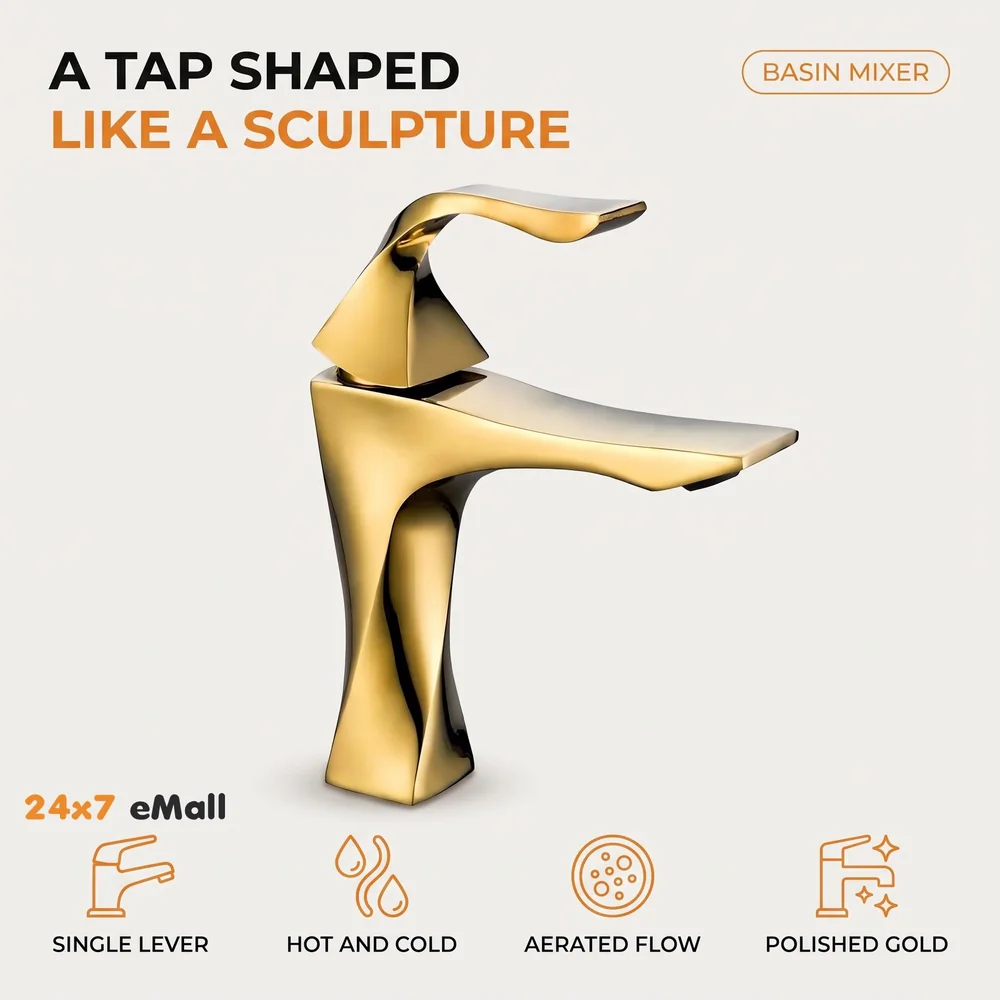 Gold Faucet Tap Mixer Hot and Cold Water Heavy Single Lever Basin Mixer 7 inches with Connector Pipes and Ceramic Cartridge for Bathroom Wash Basins - 22cm x 17cm Golden Twist