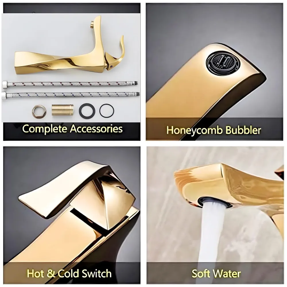 Twist Gold Faucet Tap Mixer Hot and Cold Water Heavy Single Lever Basin Mixer 12 inches with Connector Pipes and Ceramic Cartridge for Bathroom Wash Basins - 30cm x 17 cm Golden