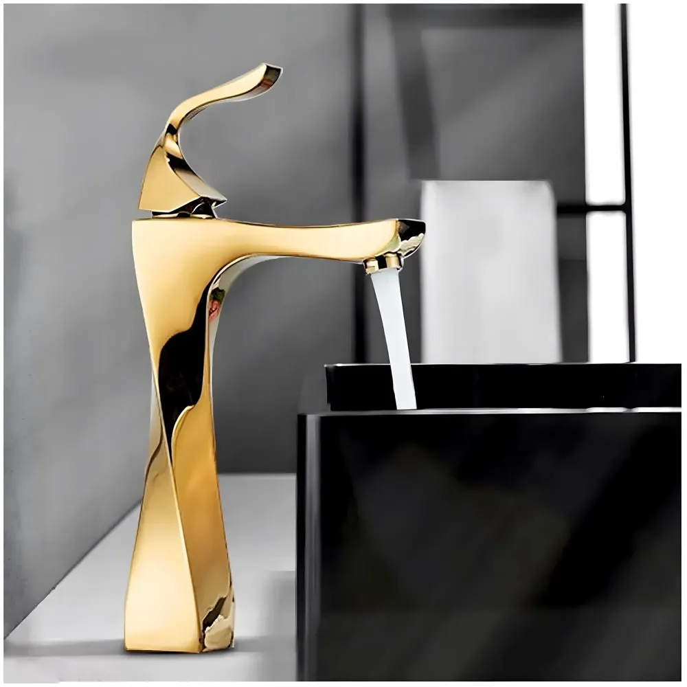 Twist Gold Faucet Tap Mixer Hot and Cold Water Heavy Single Lever Basin Mixer 12 inches with Connector Pipes and Ceramic Cartridge for Bathroom Wash Basins - 30cm x 17 cm Golden
