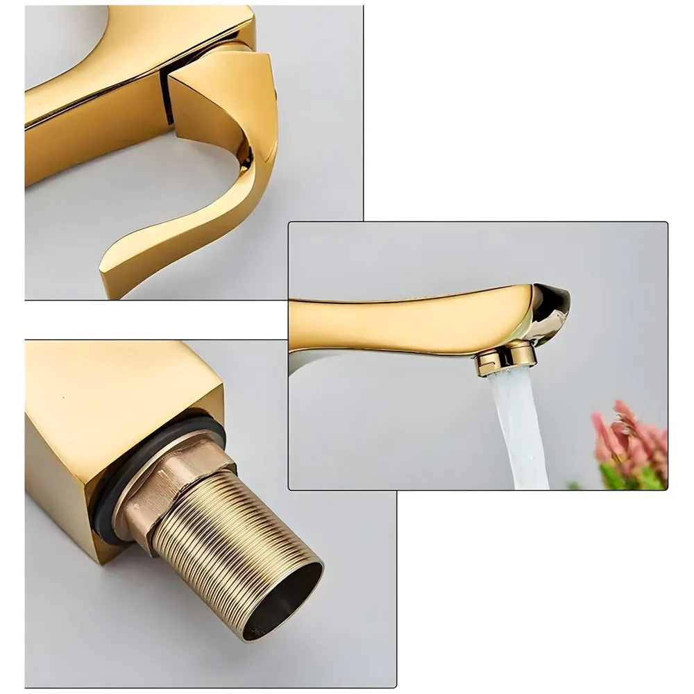 Twist Gold Faucet Tap Mixer Hot and Cold Water Heavy Single Lever Basin Mixer 12 inches with Connector Pipes and Ceramic Cartridge for Bathroom Wash Basins - 30cm x 17 cm Golden
