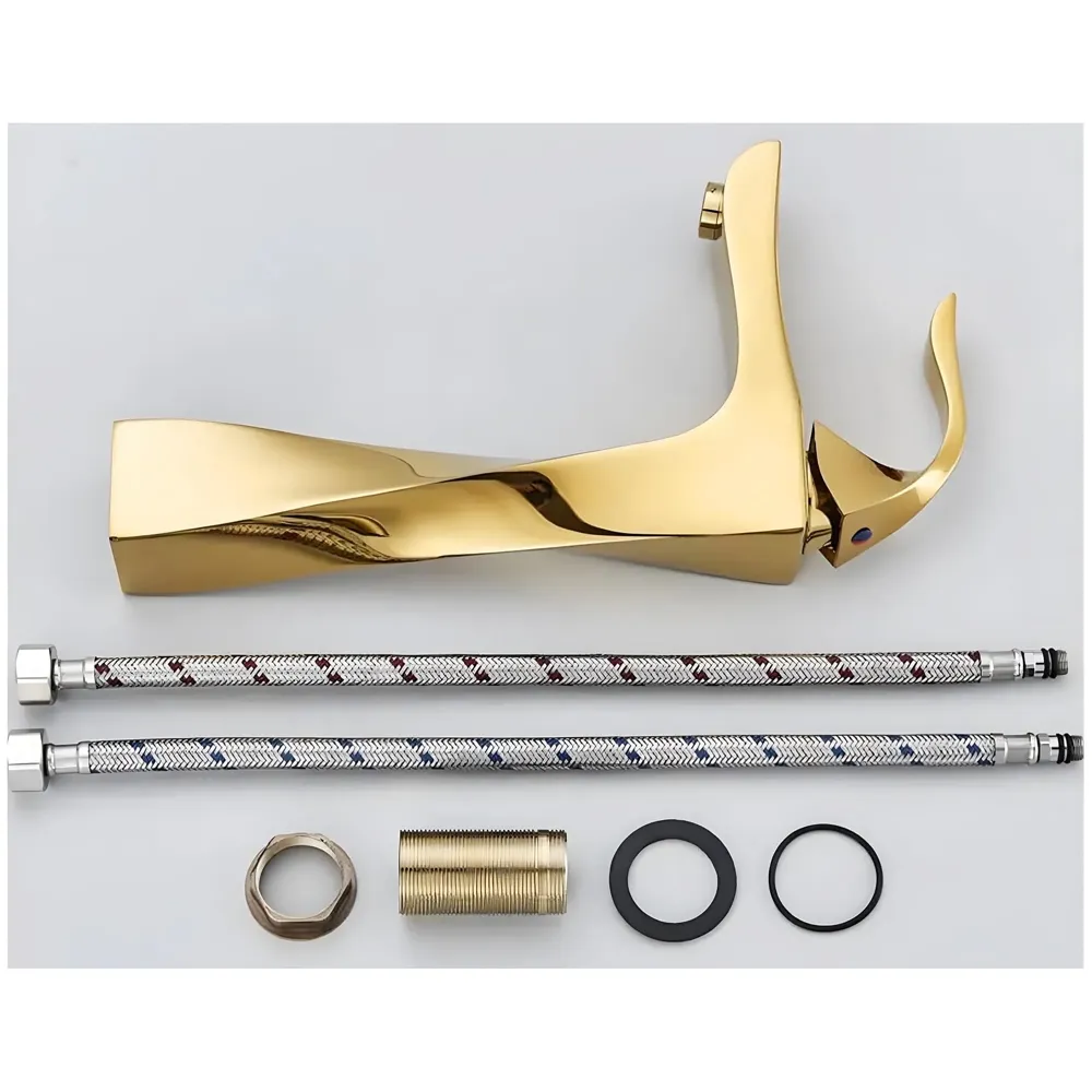 Twist Gold Faucet Tap Mixer Hot and Cold Water Heavy Single Lever Basin Mixer 12 inches with Connector Pipes and Ceramic Cartridge for Bathroom Wash Basins - 30cm x 17 cm Golden