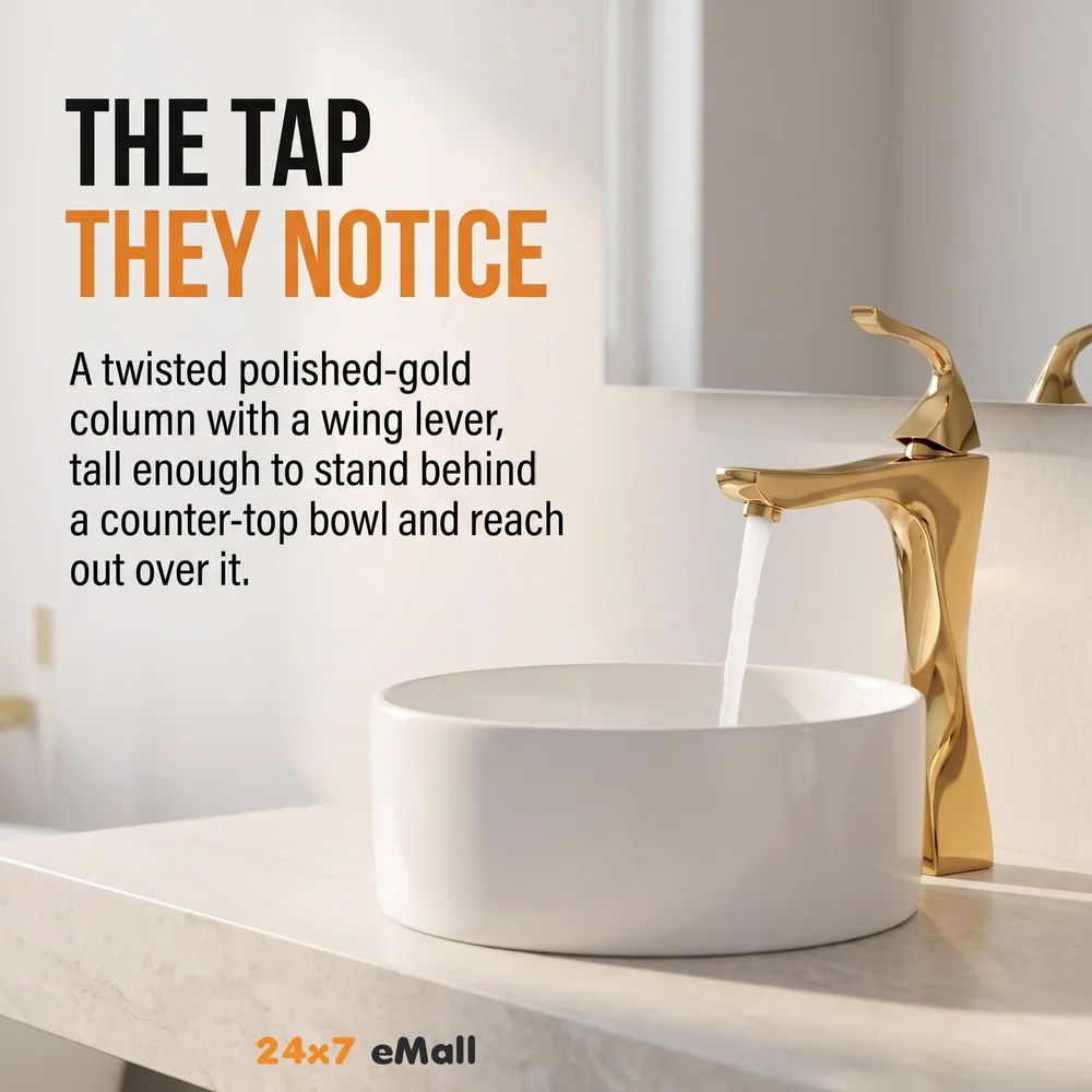 Twist Gold Faucet Tap Mixer Hot and Cold Water Heavy Single Lever Basin Mixer 12 inches with Connector Pipes and Ceramic Cartridge for Bathroom Wash Basins - 30cm x 17 cm Golden