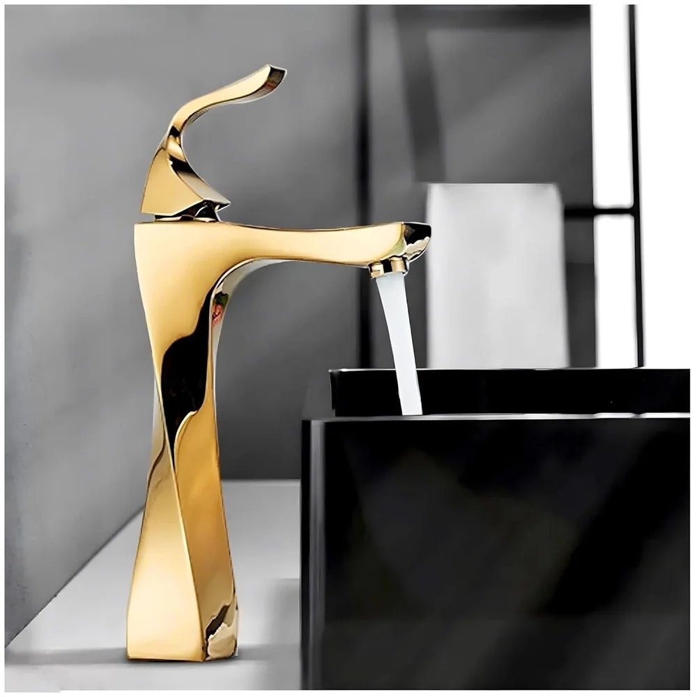 Twist Gold Faucet Tap Mixer Hot and Cold Water Heavy Single Lever Basin Mixer 12 inches with Connector Pipes and Ceramic Cartridge for Bathroom Wash Basins - 30cm x 17 cm Golden