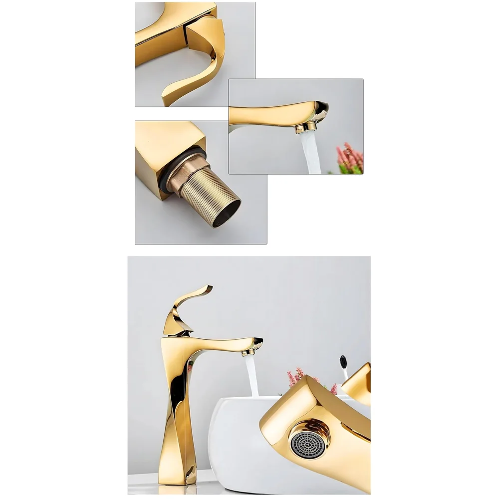 Twist Gold Faucet Tap Mixer Hot and Cold Water Heavy Single Lever Basin Mixer 12 inches with Connector Pipes and Ceramic Cartridge for Bathroom Wash Basins - 30cm x 17 cm Golden