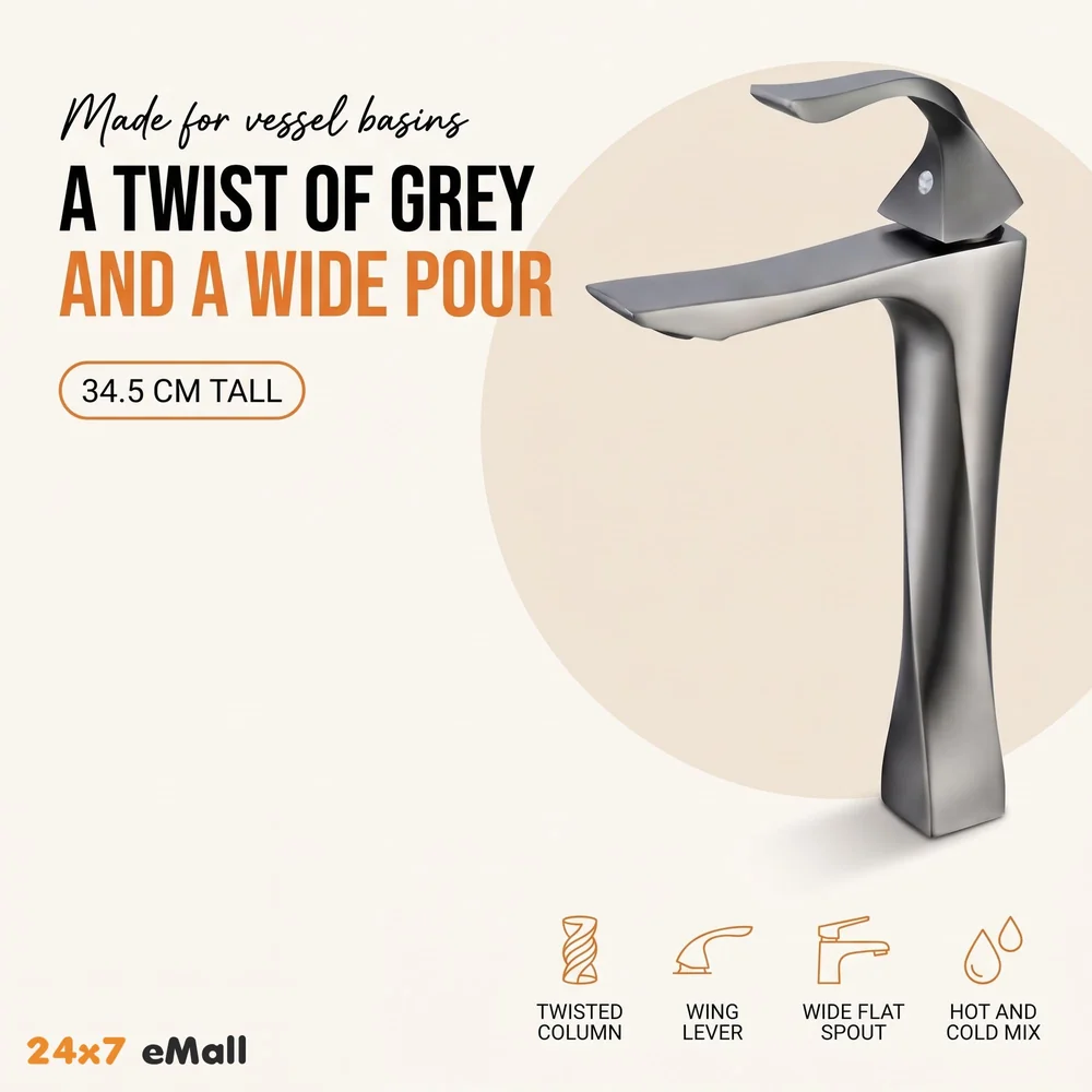Twist Grey Faucet Tap Mixer Hot and Cold Water Heavy Single Lever Basin Mixer 12 inches with Connector Pipes and Ceramic Cartridge for Bathroom Wash Basins - 30cm x 17 cm Dark Grey