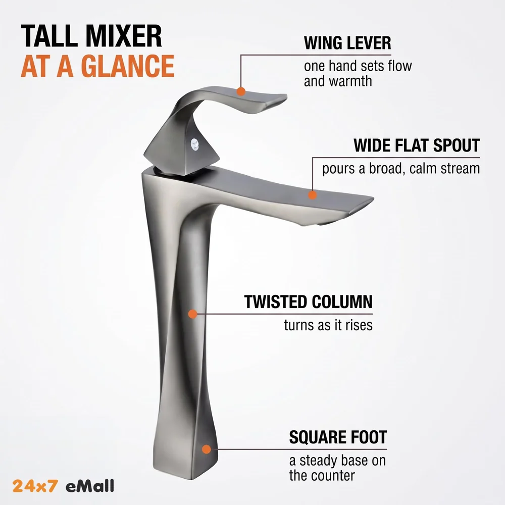 Twist Grey Faucet Tap Mixer Hot and Cold Water Heavy Single Lever Basin Mixer 12 inches with Connector Pipes and Ceramic Cartridge for Bathroom Wash Basins - 30cm x 17 cm Dark Grey