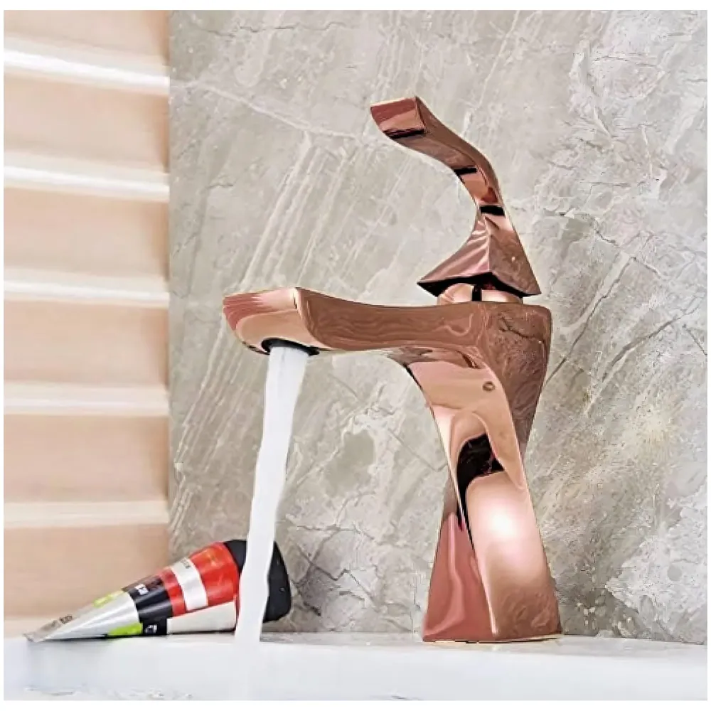Rose Gold Faucet Tap Mixer Hot and Cold Water Heavy Single Lever Basin Mixer 7 inches with Connector Pipes and Ceramic Cartridge for Bathroom Wash Basins - 22cm x 17cm Golden Twist