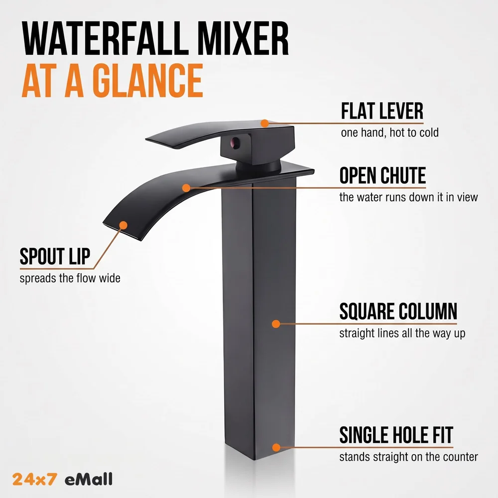 Stainless Steel Waterfall Black Basin Tap Faucet Mixer for Bathroom Toilet Wash Basins Hot and Cold Water, SS Material, Matt Black Colour 12 Inches Height