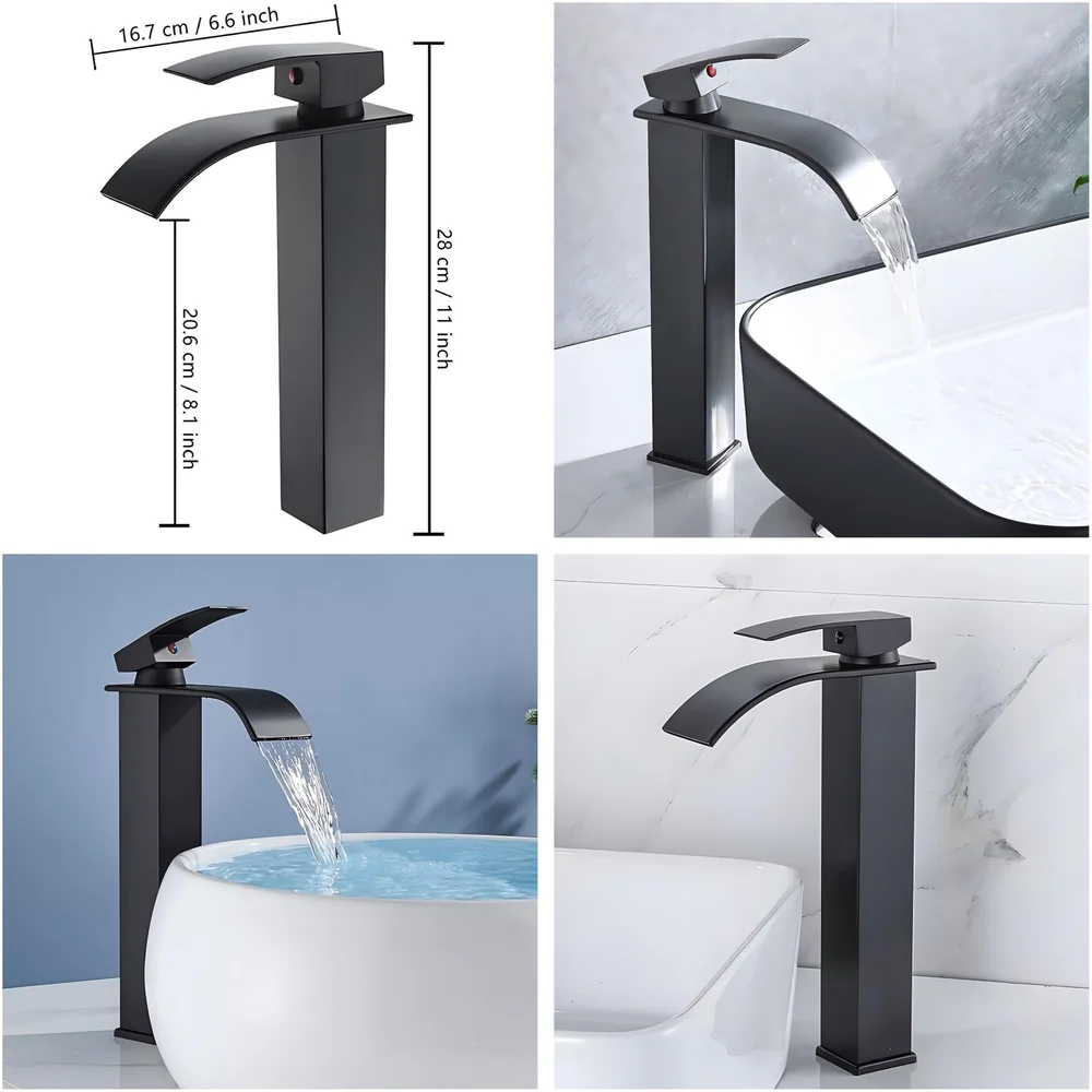 Stainless Steel Waterfall Black Basin Tap Faucet Mixer for Bathroom Toilet Wash Basins Hot and Cold Water, SS Material, Matt Black Colour 12 Inches Height