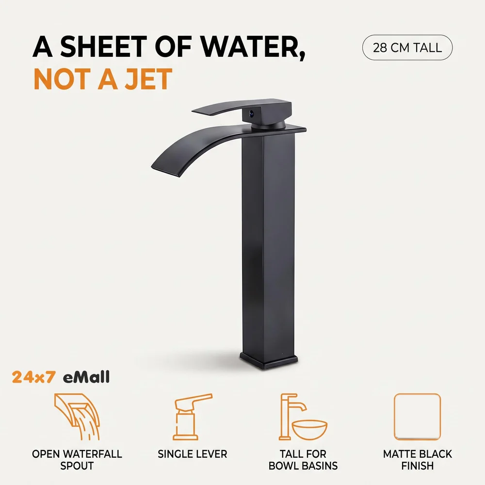 Stainless Steel Waterfall Black Basin Tap Faucet Mixer for Bathroom Toilet Wash Basins Hot and Cold Water, SS Material, Matt Black Colour 12 Inches Height