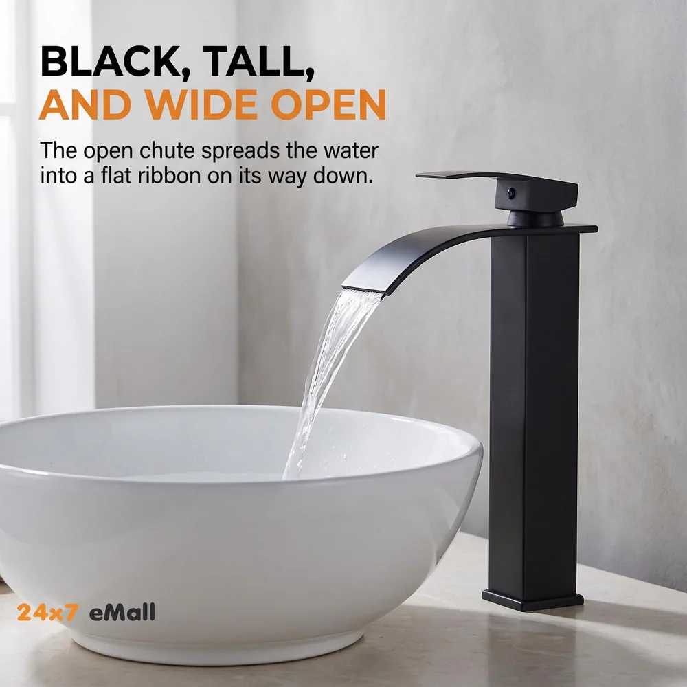 Stainless Steel Waterfall Black Basin Tap Faucet Mixer for Bathroom Toilet Wash Basins Hot and Cold Water, SS Material, Matt Black Colour 12 Inches Height