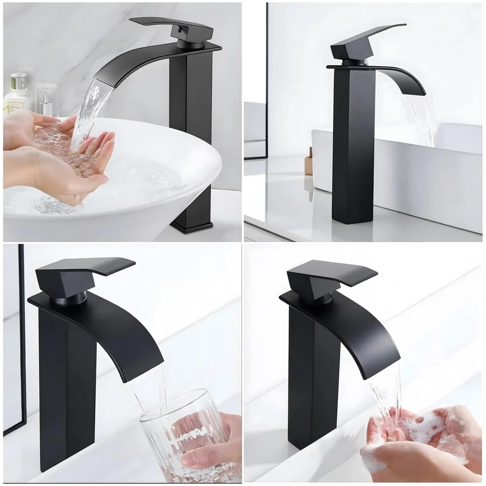 Stainless Steel Waterfall Black Basin Tap Faucet Mixer for Bathroom Toilet Wash Basins Hot and Cold Water, SS Material, Matt Black Colour 12 Inches Height