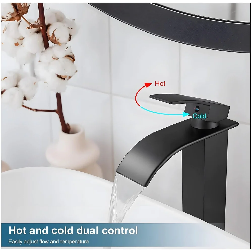 Stainless Steel Waterfall Black Basin Tap Faucet Mixer for Bathroom Toilet Wash Basins Hot and Cold Water, SS Material, Matt Black Colour 12 Inches Height