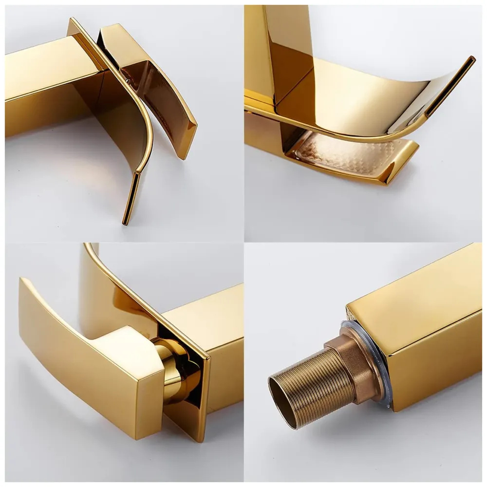 Gold Waterfall Basin Mixer Hot and Cold Water Golden Colour Faucet Tap Basin Mounted for Bathroom Toilets Washbasins, 7 Inch Tall. - Gold Waterfall Valencia Short, Standard, Stainless…