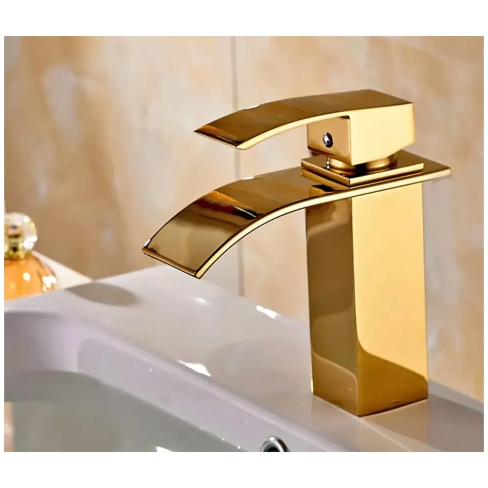 Gold Waterfall Basin Mixer Hot and Cold Water Golden Colour Faucet Tap Basin Mounted for Bathroom Toilets Washbasins, 7 Inch Tall. - Gold Waterfall Valencia Short, Standard, Stainless…