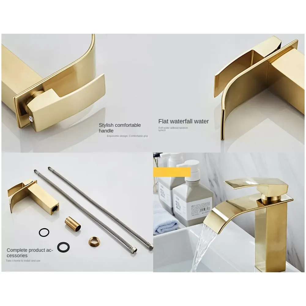 Gold Waterfall Basin Mixer Hot and Cold Water Golden Colour Faucet Tap Basin Mounted for Bathroom Toilets Washbasins, 7 Inch Tall. - Gold Waterfall Valencia Short, Standard, Stainless…