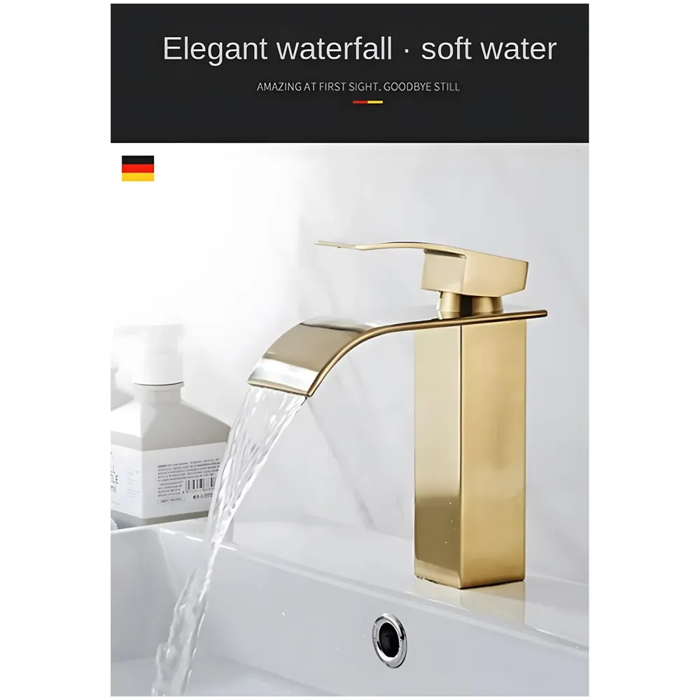 Gold Waterfall Basin Mixer Hot and Cold Water Golden Colour Faucet Tap Basin Mounted for Bathroom Toilets Washbasins, 7 Inch Tall. - Gold Waterfall Valencia Short, Standard, Stainless…