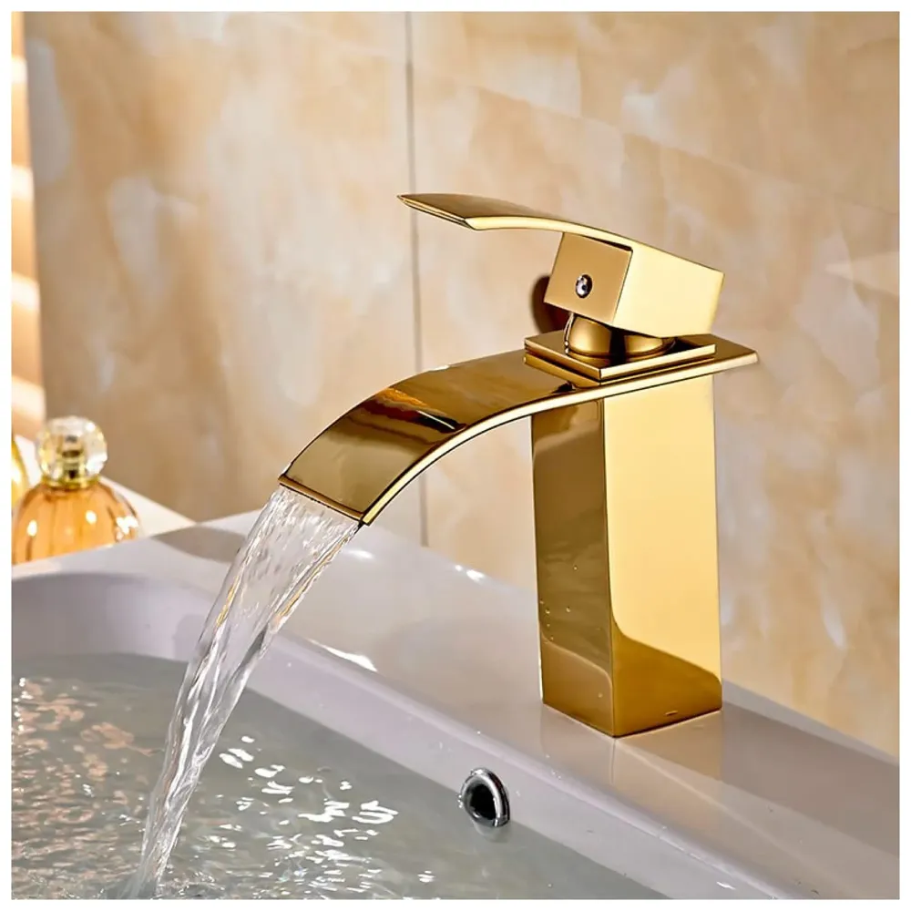 Gold Waterfall Basin Mixer Hot and Cold Water Golden Colour Faucet Tap Basin Mounted for Bathroom Toilets Washbasins, 7 Inch Tall. - Gold Waterfall Valencia Short, Standard, Stainless…