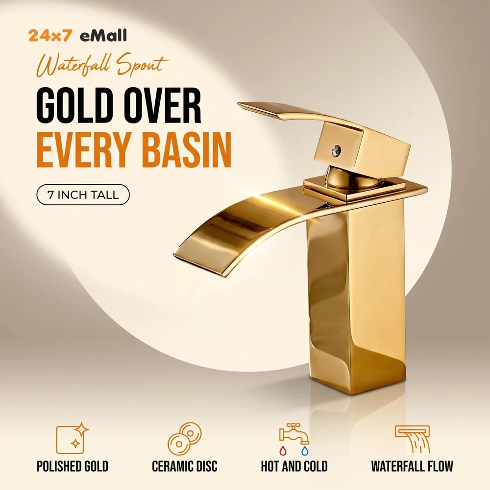 Gold Waterfall Basin Mixer Hot and Cold Water Golden Colour Faucet Tap Basin Mounted for Bathroom Toilets Washbasins, 7 Inch Tall. - Gold Waterfall Valencia Short, Standard, Stainless…