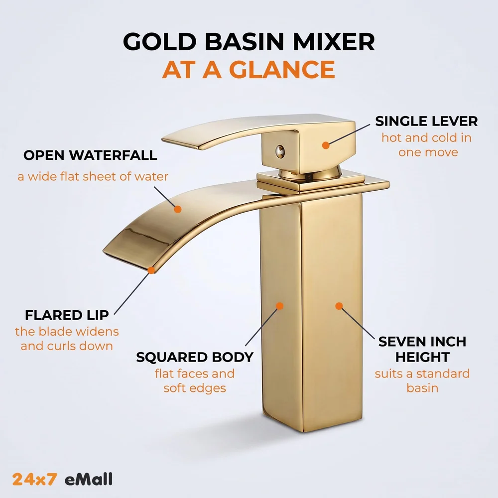 Gold Waterfall Basin Mixer Hot and Cold Water Golden Colour Faucet Tap Basin Mounted for Bathroom Toilets Washbasins, 7 Inch Tall. - Gold Waterfall Valencia Short, Standard, Stainless…