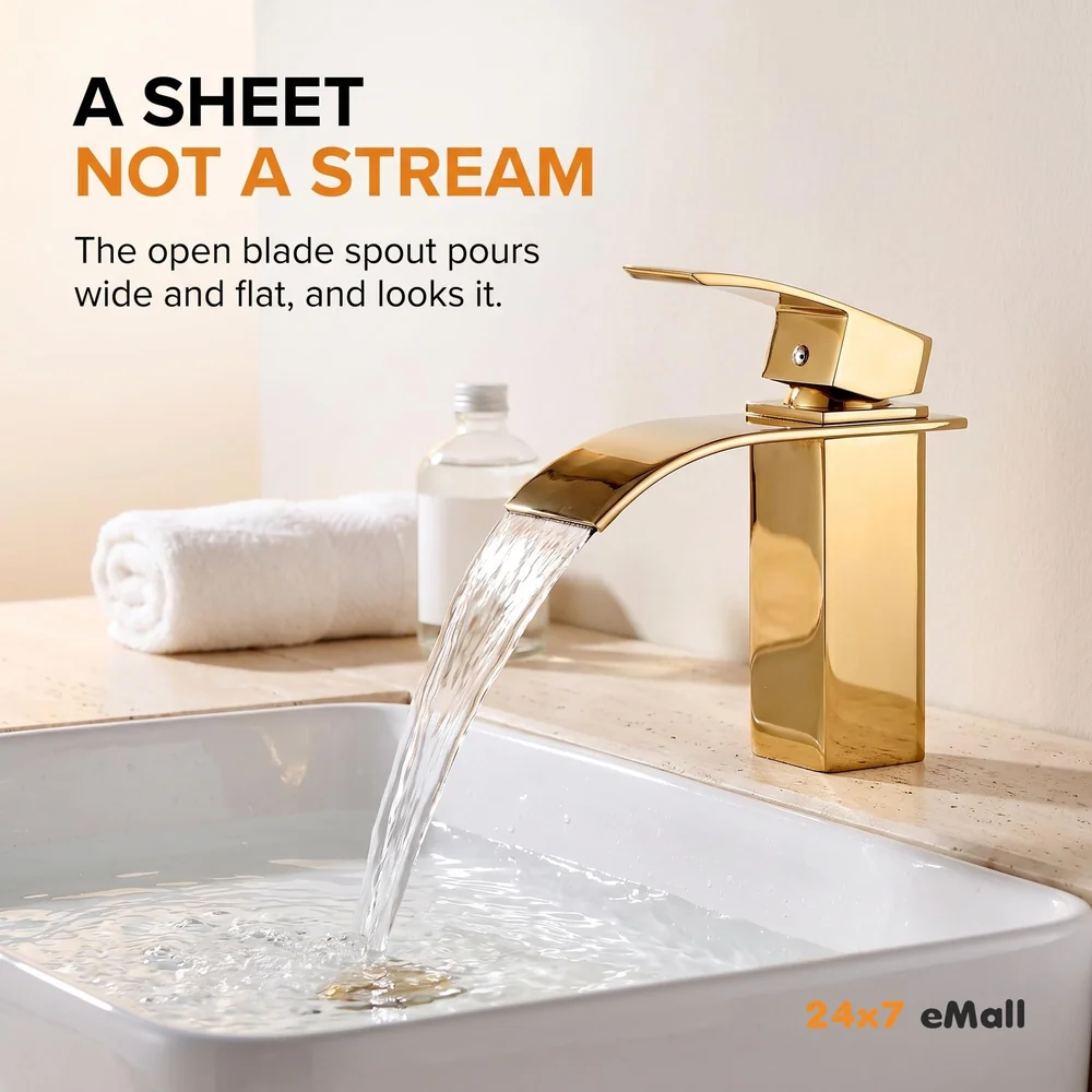 Gold Waterfall Basin Mixer Hot and Cold Water Golden Colour Faucet Tap Basin Mounted for Bathroom Toilets Washbasins, 7 Inch Tall. - Gold Waterfall Valencia Short, Standard, Stainless…