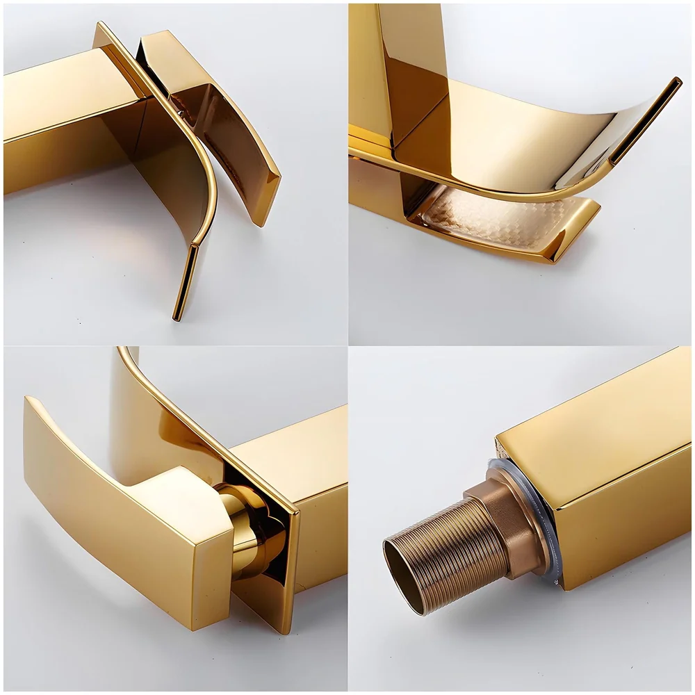 Gold Waterfall Basin Mixer Hot and Cold Water Golden Colour Faucet Tap Basin Mounted for Bathroom Toilets Washbasins, 7 Inch Tall. - Gold Waterfall Valencia Short, Standard, Stainless…