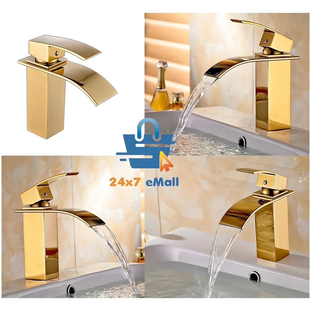 Gold Waterfall Basin Mixer Hot and Cold Water Golden Colour Faucet Tap Basin Mounted for Bathroom Toilets Washbasins, 7 Inch Tall. - Gold Waterfall Valencia Short, Standard, Stainless…