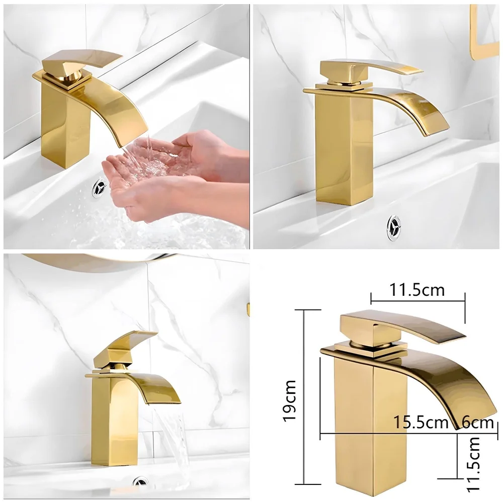Gold Waterfall Basin Mixer Hot and Cold Water Golden Colour Faucet Tap Basin Mounted for Bathroom Toilets Washbasins, 7 Inch Tall. - Gold Waterfall Valencia Short, Standard, Stainless…