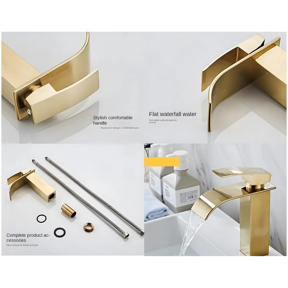 Gold Waterfall Basin Mixer Hot and Cold Water Golden Colour Faucet Tap Basin Mounted for Bathroom Toilets Washbasins, 7 Inch Tall. - Gold Waterfall Valencia Short, Standard, Stainless…