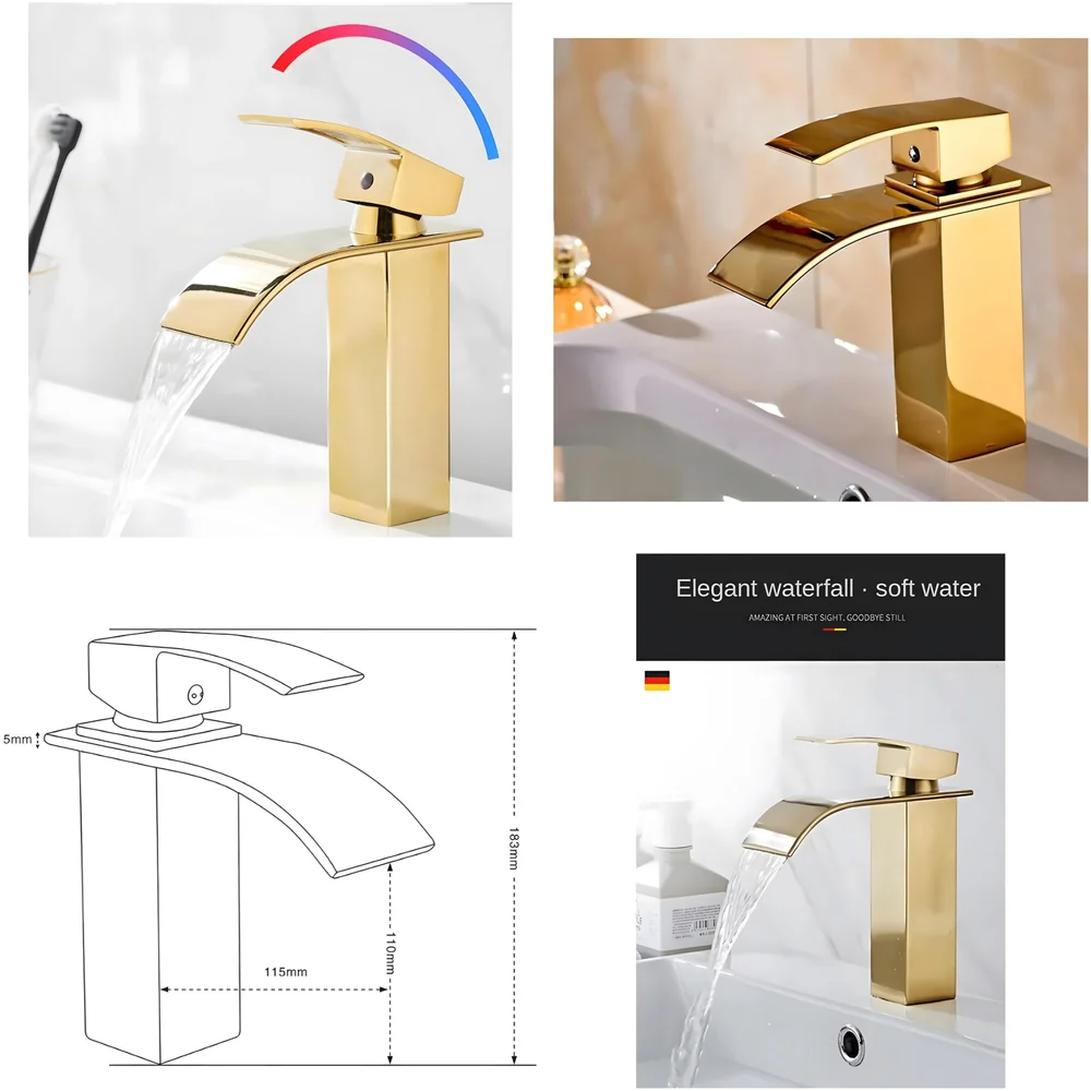 Gold Waterfall Basin Mixer Hot and Cold Water Golden Colour Faucet Tap Basin Mounted for Bathroom Toilets Washbasins, 7 Inch Tall. - Gold Waterfall Valencia Short, Standard, Stainless…