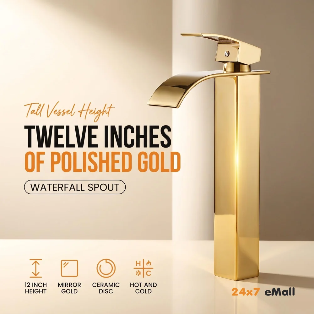 Gold Waterfall Basin Tap Faucet MixerFor Bathroom Toilet Wash Basins Hot and Cold Water Golden Colour 12 Inch Height
