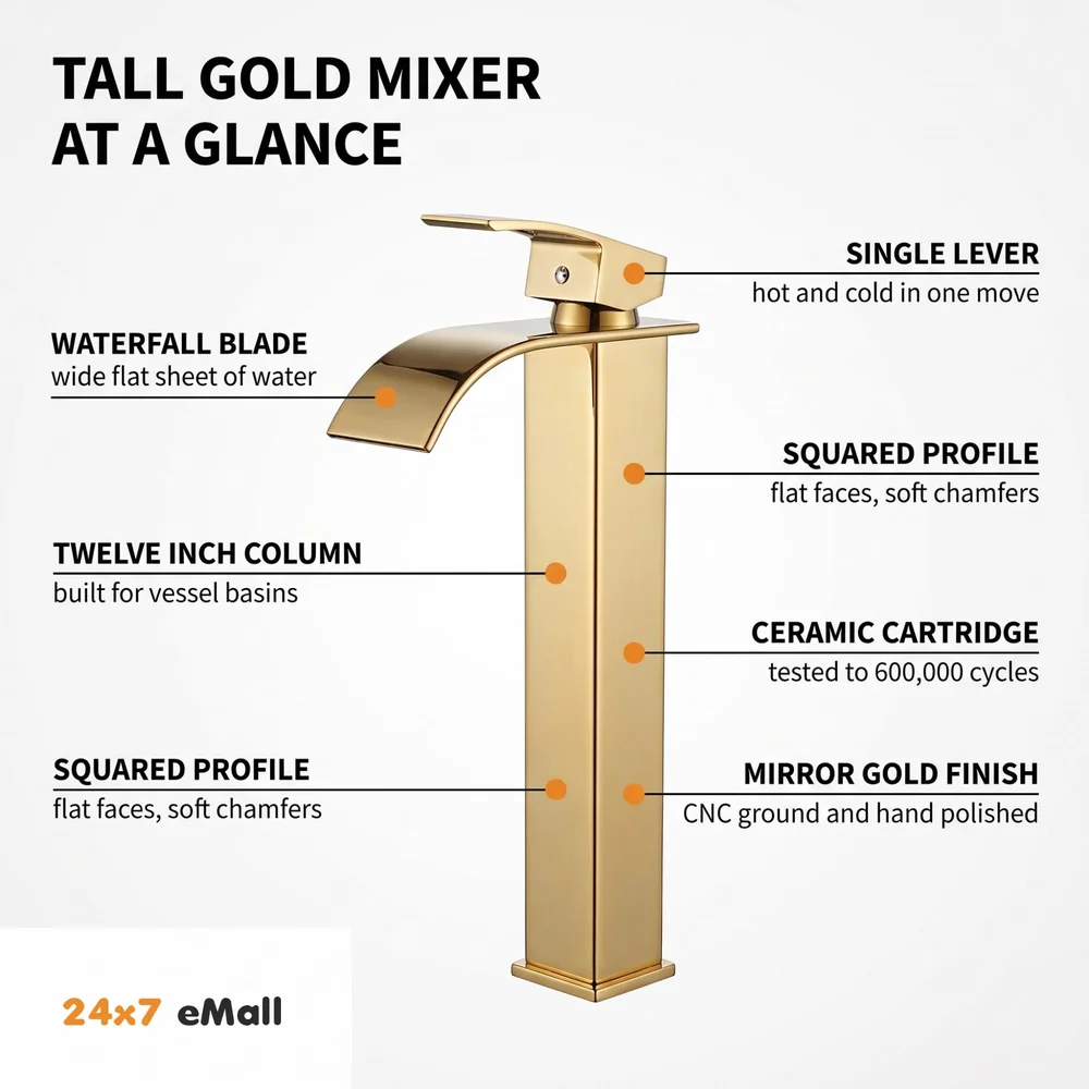 Gold Waterfall Basin Tap Faucet MixerFor Bathroom Toilet Wash Basins Hot and Cold Water Golden Colour 12 Inch Height