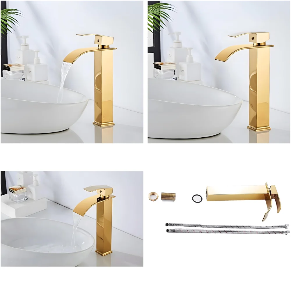 Gold Waterfall Basin Tap Faucet MixerFor Bathroom Toilet Wash Basins Hot and Cold Water Golden Colour 12 Inch Height