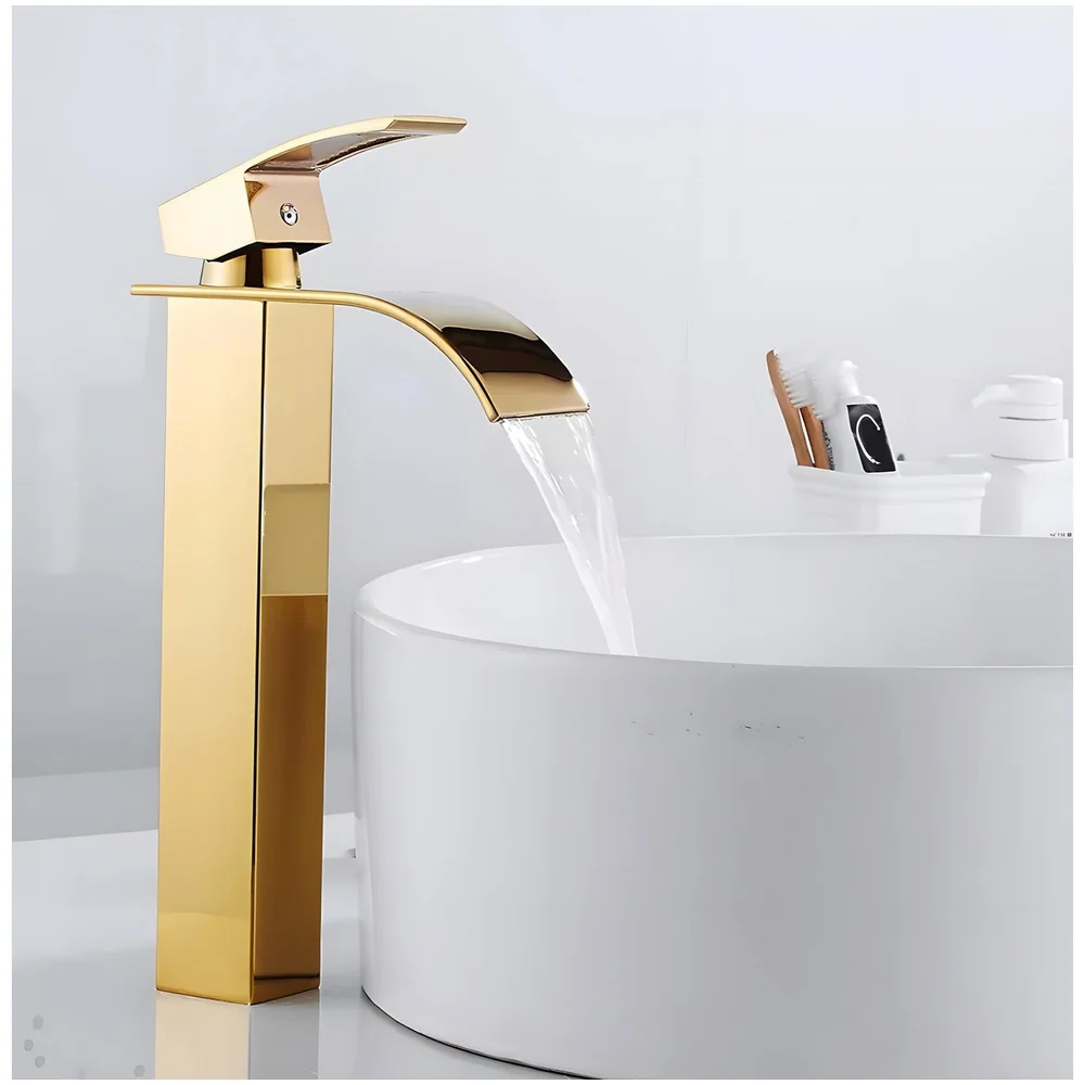 Gold Waterfall Basin Tap Faucet MixerFor Bathroom Toilet Wash Basins Hot and Cold Water Golden Colour 12 Inch Height