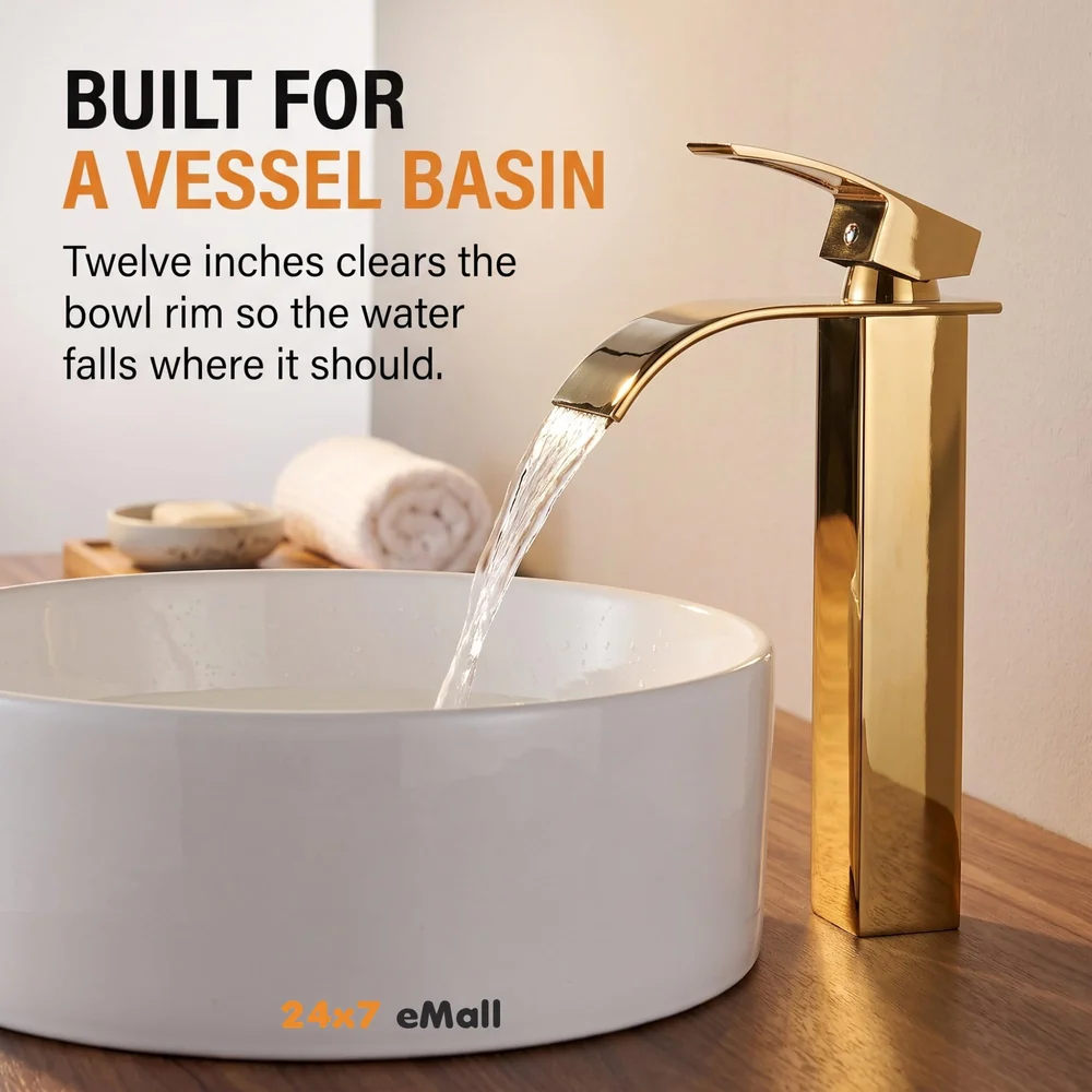 Gold Waterfall Basin Tap Faucet MixerFor Bathroom Toilet Wash Basins Hot and Cold Water Golden Colour 12 Inch Height