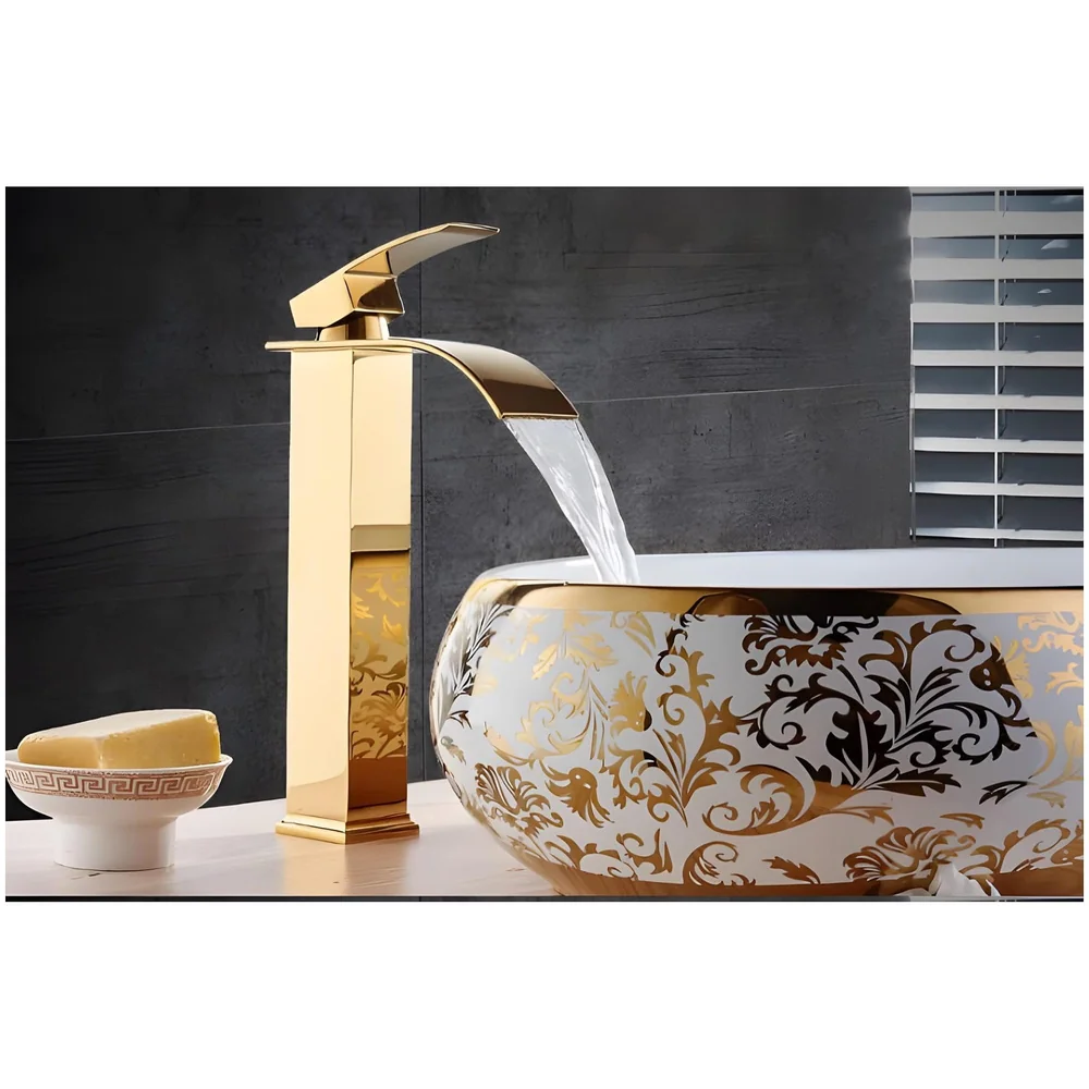 Gold Waterfall Basin Tap Faucet MixerFor Bathroom Toilet Wash Basins Hot and Cold Water Golden Colour 12 Inch Height