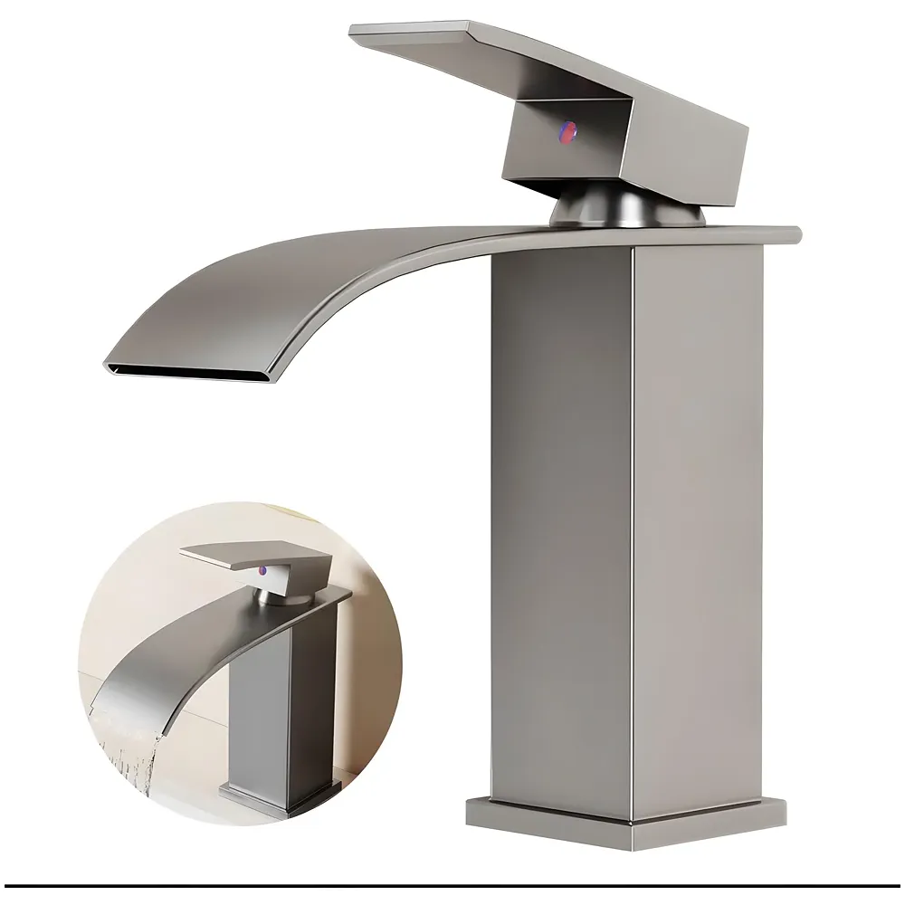 Dark Grey Small Waterfall Faucet Waterfall Single Lever Basin Mixer Waterfall Short Black, SS Material, for Bathroom Washbasins Toilets 7 Inches Height.